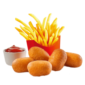Croquetas de Pollo con Patatas Fritas y Salsa